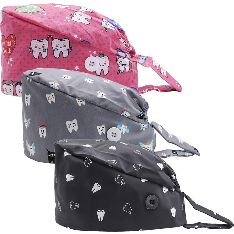 LUCKYBUNNY 3PCS Cute Teeth Working Cap with Button Women Men Breathable Lace Up Sweatband Work Hat Hair Cover Cute Teeth